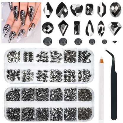 Picture of 2630Pcs Mine Black Nail Rhinestones 120 Multi Shapes Metallic Black Big Gems Nail Charms +2510 Flatback Rhinestones Round Beads K9 Glass Stones Nail Art Diamonds Jewels for Nails Eyes Makeup Crafts