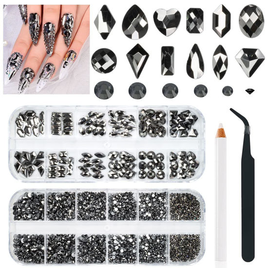 Picture of 2630Pcs Mine Black Nail Rhinestones 120 Multi Shapes Metallic Black Big Gems Nail Charms +2510 Flatback Rhinestones Round Beads K9 Glass Stones Nail Art Diamonds Jewels for Nails Eyes Makeup Crafts