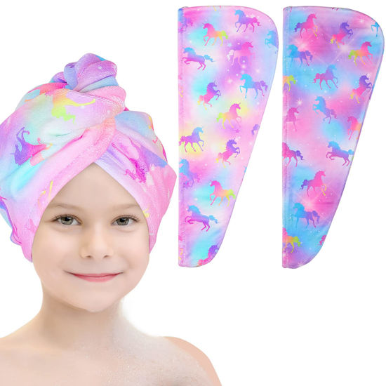 Picture of Basumee Microfiber Hair Towel Wrap for Kids 2 Pack Rapid Drying Hair Towel with Button Hair Turbans for Wet Hair Wraps Head Towel Wrap for Women and Girls, Colorful Unicorn
