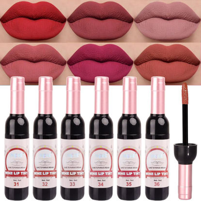 Picture of evpct Wine Bottle Lip Tint Stain 6 Colors Set Ruby Red Chestnut Nude Brown Mauve Plum Purple Matte Long Lasting 24 Hour Liquid Lipstick Set for Women labiales mate 24 horas originales labiales magicos