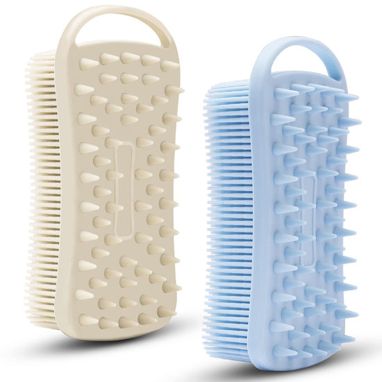 Picture of 2 PC Silicone Exfoliating Body Scrubber, 2 in 1 Silicone Body Shampoo Brush, Soft Silicone Loofah for Sensitive Skin, Shower Silicone Hair Scalp Massager, Easy to Clean, Lather Well (Grey&Blue)