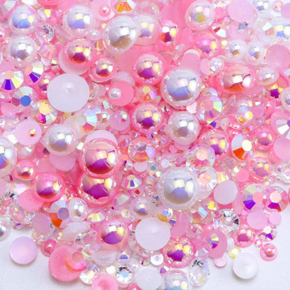 Picture of Briskbloom 60g Flatback Pearls and Rhinestones for Crafts, 3620PCS 2mm-10mm Mix for Nails Face Art Tumblers, with Tweezers Wax Pen, White|Pinks