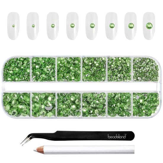 Picture of Beadsland Rhinestones for Makeup,8 sizes 2500pcs Light Green Flatback Rhinestones Face Gems for Nails Crafts with Tweezers and Wax Pencil,Peridot,SS4-SS30