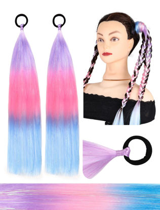 Picture of Ponytail Extension 18 inch Light Purple to Pink to Blue Colored Hair Extensions for Braiding Ombre Pony Tail Hair Extensions for Braids with Hair Tie Rave Crazy Hair Day 2 Packs