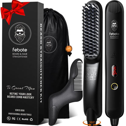 Picture of FEBOTE Heated Ionic Hair Straightening Brush for Men - 5 Temperature Settings, Anti-Scald, Beard Shaper & Travel Bag