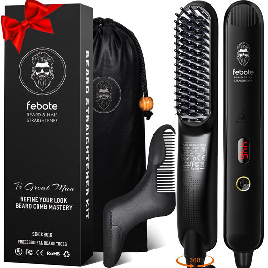 Picture of FEBOTE Heated Ionic Hair Straightening Brush for Men - 5 Temperature Settings, Anti-Scald, Beard Shaper & Travel Bag