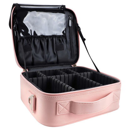 Picture of gzcz Makeup Bag Organizer 10.2'' Travel Makeup Train Case Cosmetic Brush Organizer Portable Artist Storage bag with Adjustable Dividers and shoulder strap for Make up Accessories (Cute Pink)