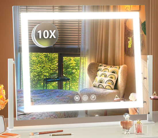 Picture of Gvnkvn Lighted Makeup Mirror, 17.3"x13" Hollywood Vanity Mirror with Lights,Three Color Lighting Modes, and 5X Magnification Mirror, Smart Touch Control, 360°Rotation (White, Gift Box)