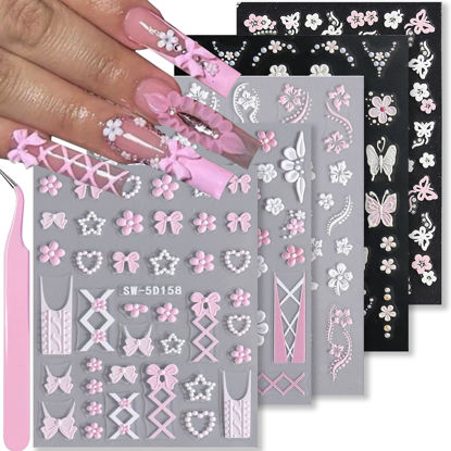 Picture of VOTACOS 5 Sheets 5D Flower Nail Art Stickers Embossed Nail Decals White Pink Black Nail Art Design 3D Self-Adhesive Nail Art Supplies for Women Nail DIY Decoration