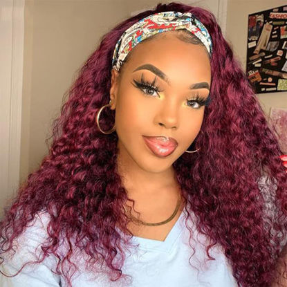 Picture of XSY 99J Burgundy Human Hair Headband Wigs Deep Wave None Lace Front Wigs 18 Inch Glueless Wig 150% Density Brazilian Virgin Hair Headband Wigs for Black Women