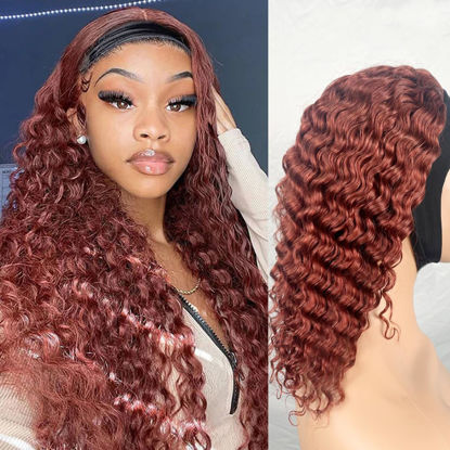 Picture of XSY #33B Reddish Brown Headband Wig Human Hair Deep Wave Headband Human Hair Wig Deep Curly None Lace Front Wigs Human Hair 24 inch