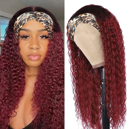Picture of XSY 1b99J Burgundy Headband Wig Human Hair Deep Wave Red Wig Glueless Headband Wig Deep Wave None Lace Front Wigs Human Hair for Black Women 150% Density Wig Curly Hair 18 Inch