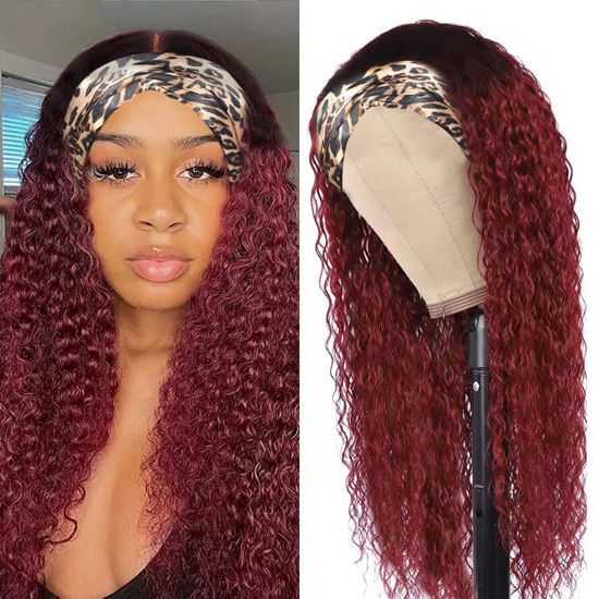 Picture of XSY 1b99J Burgundy Headband Wig Human Hair Deep Wave Red Wig Glueless Headband Wig Deep Wave None Lace Front Wigs Human Hair for Black Women 150% Density Wig Curly Hair 18 Inch