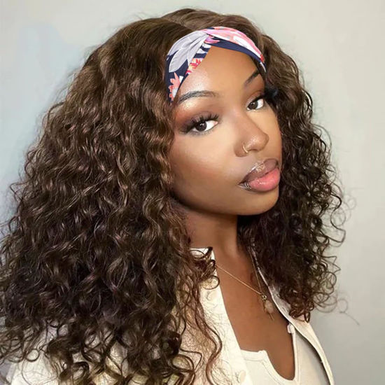 Picture of XSY Chocolate Brown Headband Wig Human Hair Deep Wave Wig Glueless None Lace Front Wigs for Black Women 150% Density 16 Inch