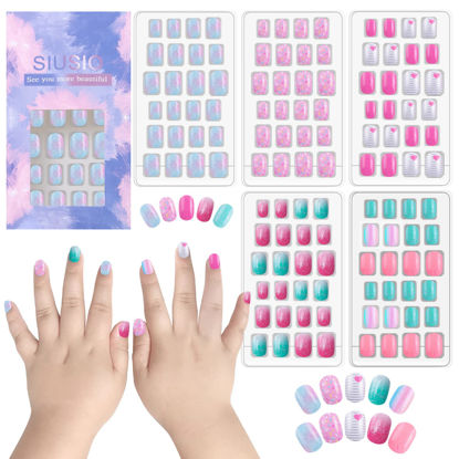 Picture of SIUSIO 120 Pcs 5 Pack Children Acrylic Fake Nails Press on Pre-glue Full Cover Glitter Gradient Color Rainbow Short False Nail Art Kits Set for Kids Little Girls - Multicolor Gradient Series