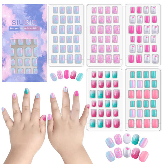 Picture of SIUSIO 120 Pcs 5 Pack Children Acrylic Fake Nails Press on Pre-glue Full Cover Glitter Gradient Color Rainbow Short False Nail Art Kits Set for Kids Little Girls - Multicolor Gradient Series