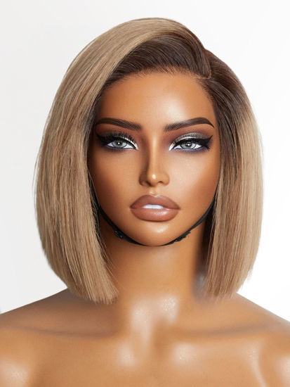 Picture of LUVME HAIR 8 Inch Ash Blonde Blunt Cut Bob Wig Human Hair Pre Cut Glueless HD Lace Closure Wig Mature Boss Side Parted Ombre Straight Short Wig