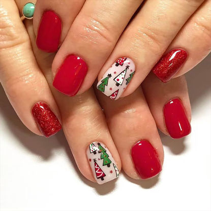 Picture of 24Pcs Xmas Red Press on Nails Short Square Fake Nails with Design Christmas Tree Full Cover Glossy Glue on Nails Glitter Red Christmas False Nails Winter Acrylic Nails for Women Girls Nail Decor