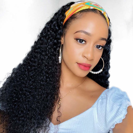 Picture of XSY Headband Wig Human Hair Deep Wave Headband Wigs for Black Women 22 Inch None Lace Front Wigs Machine Made Wigs Glueless Brazilian Curly Human Hair Wig