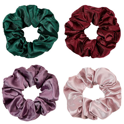 Picture of Silk Scrunchies for Girls and Women - Cute Hairties for Thick, Curl, or Fine Hair, No Crease Soft Hair Accessories, Ponytail Holders (Burgundy, Purple, Pink, Green)