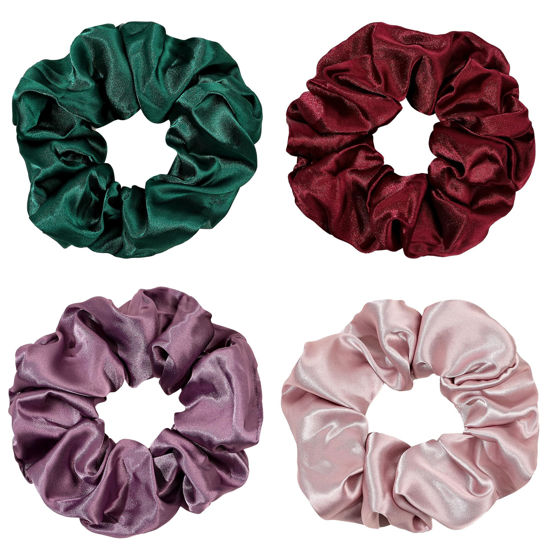 Picture of Silk Scrunchies for Girls and Women - Cute Hairties for Thick, Curl, or Fine Hair, No Crease Soft Hair Accessories, Ponytail Holders (Burgundy, Purple, Pink, Green)