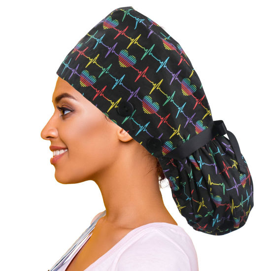 Picture of ABAMERICA Ponytail Scrub Caps for Women Surgical Caps Nurse Hat with Functional Ponytail Holder for Long Hair, Single or Satin Lined