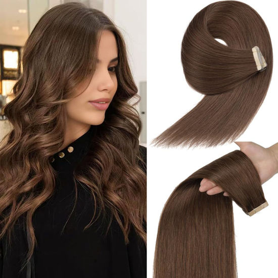 Picture of Chocolate Brown Tape in Hair Extensions Human Hair 14 Inch 20pcs Remy Human Hair Tape in Extensions Straight Invisible Tape in Hair Extensions Human Hair Tape Ins for Women (4#, 14 Inch)