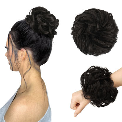 Picture of FESHFEN Messy Bun Hair Piece - Large Wavy Curly Elastic Hair Bun Scrunchies Ponytail Extensions Synthetic Chignon Hairpieces for Women, Darkest Brown 1.94oz