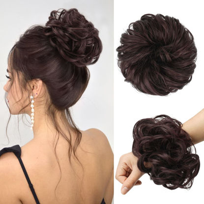 Picture of FESHFEN Messy Bun Hair Piece - Large Wavy Curly Elastic Hair Bun Scrunchies Ponytail Extensions Synthetic Chignon Hairpieces for Women, Black Cherry 1.94oz
