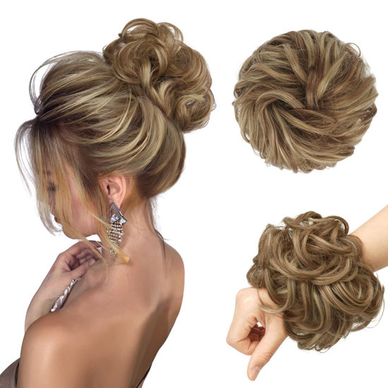 Picture of FESHFEN Messy Bun Hair Piece - Large Wavy Curly Elastic Hair Bun Scrunchies Ponytail Extensions Synthetic Chignon Hairpieces for Women, Brown & Blonde 1.94oz