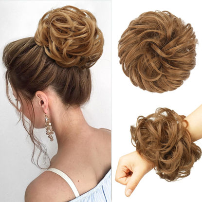 Picture of FESHFEN Messy Bun Hair Piece - Large Wavy Curly Elastic Hair Bun Scrunchies Ponytail Extensions Synthetic Chignon Hairpieces for Women, Strawberry Blonde 1.94oz