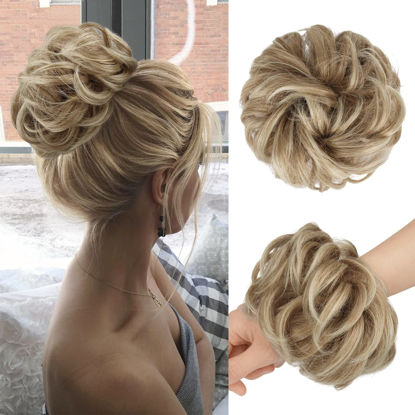 Picture of FESHFEN Messy Bun Hair Piece - Large Wavy Curly Elastic Hair Bun Scrunchies Ponytail Extensions Synthetic Chignon Hairpieces for Women, Mixed Blonde and Ash Blonde Tips 1.94oz