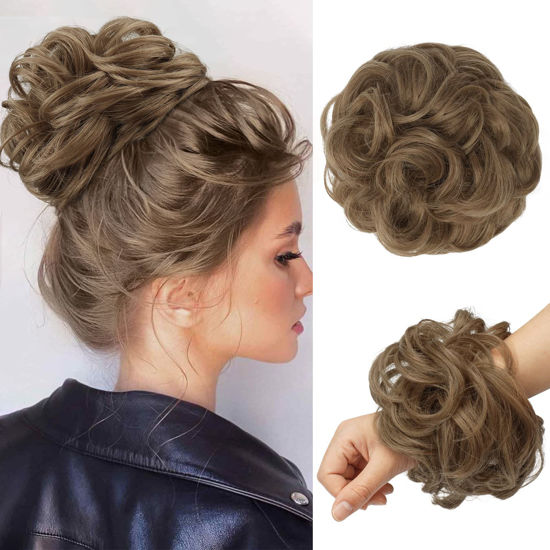 Picture of FESHFEN Messy Bun Hair Piece - Large Wavy Curly Elastic Hair Bun Scrunchies Ponytail Extensions Synthetic Chignon Hairpieces for Women, Light Brown mix Natural Blonde 1.94oz