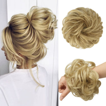 Picture of FESHFEN Messy Bun Hair Piece - Large Wavy Curly Elastic Hair Bun Scrunchies Ponytail Extensions Synthetic Chignon Hairpieces for Women, Golden Blonde 1.94oz