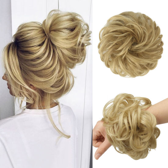 Picture of FESHFEN Messy Bun Hair Piece - Large Wavy Curly Elastic Hair Bun Scrunchies Ponytail Extensions Synthetic Chignon Hairpieces for Women, Golden Blonde 1.94oz