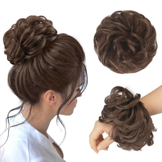 Picture of FESHFEN Messy Bun Hair Piece - Large Wavy Curly Elastic Hair Bun Scrunchies Ponytail Extensions Synthetic Chignon Hairpieces for Women, Darkest Brown 1.94oz
