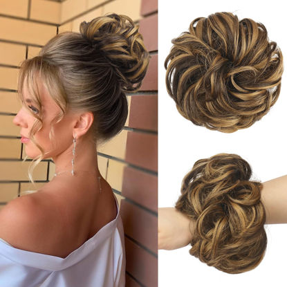 Picture of FESHFEN Messy Bun Hair Piece - Large Wavy Curly Elastic Hair Bun Scrunchies Ponytail Extensions Synthetic Chignon Hairpieces for Women, Brown Highlighted Caramel Blonde 1.94oz