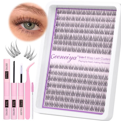 Picture of Clear Band Lash Clusters Kit Natural Eyelash Clusters 11-13mm Lash Extension Kit C Curl Eyelash Extension 168Pcs Invisible Eyelashes with Lash Bond and Seal Glue and Tweezers DIY at Home by Geeneiya