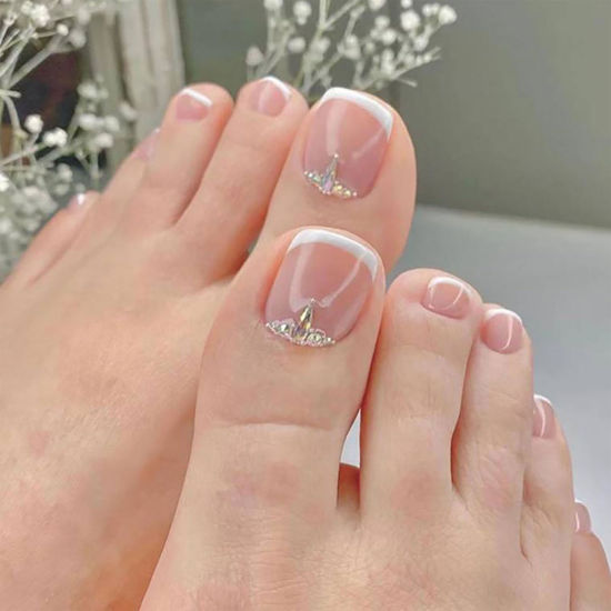Picture of French Tips Press on Toenails Pink Fake Toe Nails Rhinestones False Toenails Glossy Full Cover Acrylic Toenails with Design Nude Pink Toe Press on Nails Toe Nail Press ons for Women Manicure 24Pcs
