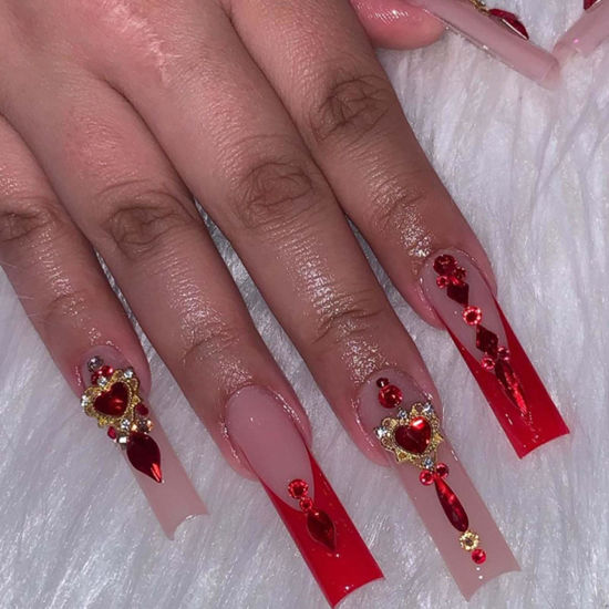 Picture of Gifiky Long Square Press on Nails French Fake Nails Red Nails Tips Full Cover Crystal Gem Design False Nails for Women and Girls 24Pcs