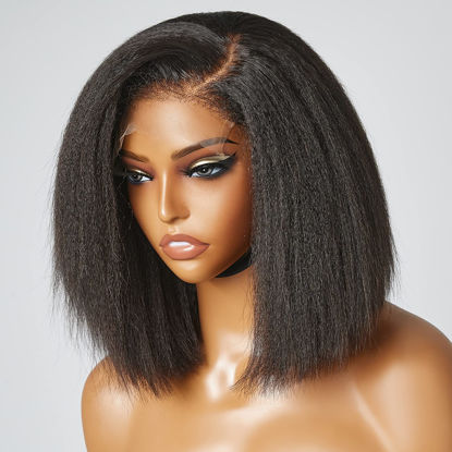 Picture of LUVME HAIR 4C Kinky Edges Lace Front Bob Wig 10 Inch Short Kinky Straight Human Hair Wig Glueless Deep Side Parted Lace Bob Wig with Natural Hairline For Women