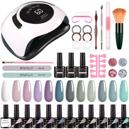 Picture of Btiztlla Gel Nail Polish Kit with UV Light 120W Nail Dryer, 12 Colors Purple Blue Gray Gel Nail Polish Set, UV LED Nail Lamp, No Wipe Base Top Coat, Nail Art Decorations, Manicure Tools Starter Kit