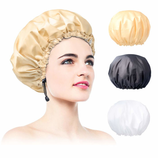 Picture of 3 Packs Shower Caps for Women Reusable Waterproof Double Layer Extra Large Adjustable Bath Cap Leakproof for All Hair Lengths/Styles