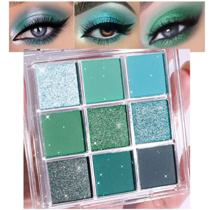 Picture of evpct 9 Colors Green Glitter Shimmer Eye Shadow Makeup Palette Light Bright Emerald Dark Avocado Neon Green Highly Pigmented Waterproof Matte Metallic Shimmer Pearl Party Sparkling Eyeshadow Palette