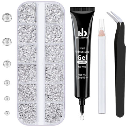 Picture of BELLEBOOST Nail Art Rhinestone Glue Gel&1 Box Flatback Gems Kit, 1 Tube of 15ml Rhinestone Gel Glue(UV/LED Needed)+Round Glass Crystal Clear Gemstones with Pickup Tools