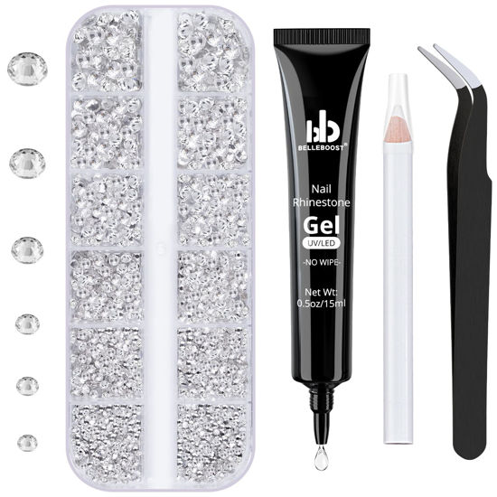 Picture of BELLEBOOST Nail Art Rhinestone Glue Gel&1 Box Flatback Gems Kit, 1 Tube of 15ml Rhinestone Gel Glue(UV/LED Needed)+Round Glass Crystal Clear Gemstones with Pickup Tools