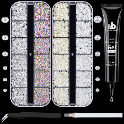 Picture of BELLEBOOST Nail Art Rhinestone Glue Gel&2 Boxes Flatback Gems Kit, 1 Tube of 15ml Rhinestone Gel Glue+Round AB&Clear Gems+Flat-Back Half Round White&Beige Pearls with Pickup Tools