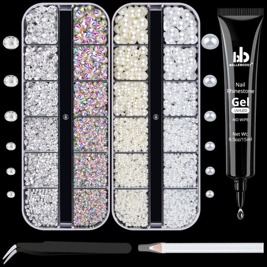 Picture of BELLEBOOST Nail Art Rhinestone Glue Gel&2 Boxes Flatback Gems Kit, 1 Tube of 15ml Rhinestone Gel Glue+Round AB&Clear Gems+Flat-Back Half Round White&Beige Pearls with Pickup Tools