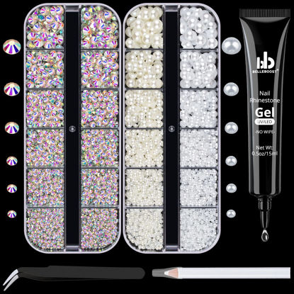 Picture of BELLEBOOST Nail Art Rhinestone Glue Gel&2 Boxes Flatback Gems Kit, 1 Tube of 15ml Rhinestone Gel Glue(UV/LED Needed)+Round AB Gems+Flat-Back Half Round White&Beige Pearls with Pickup Tools