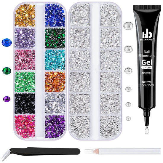 Picture of BELLEBOOST Nail Art Rhinestone Glue Gel&2 Boxes Flatback Gems Kit, 1 Tube of 15ml Rhinestone Gel Glue(UV/LED Needed)+Colorful Gems+Flat-Back Round Glass Crystal Clear Gemstones with Pickup Tools
